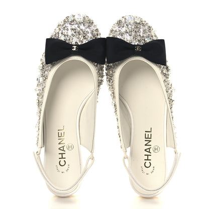 Chanel Satin Crystal Lambskin Grossgrain Bow CC Slingback Flats 38 White Black 2 of 10