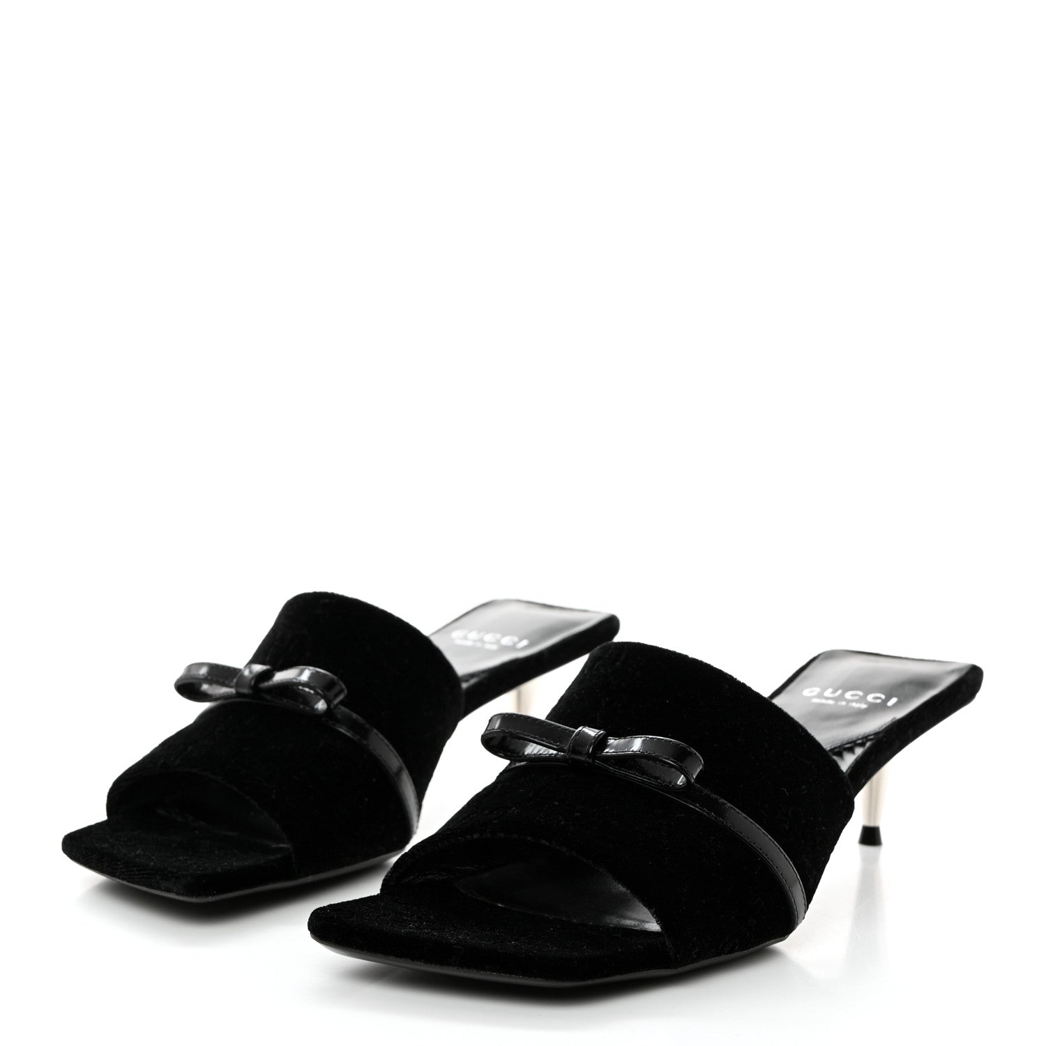 Gucci New Velvet Ashmir Regent Calfskin GG Monogram Square Toe Bow 45mm Slide Sandals 37.5 Black 3 of 9