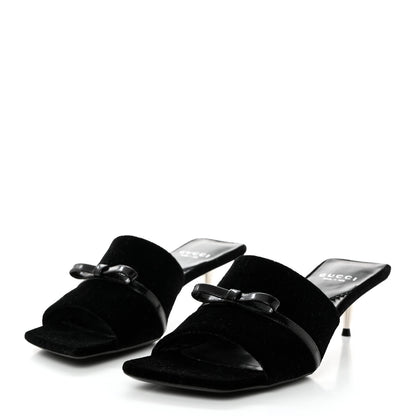 Gucci New Velvet Ashmir Regent Calfskin GG Monogram Square Toe Bow 45mm Slide Sandals 37.5 Black 3 of 9