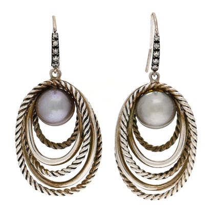 David Yurman Sterling Silver Gray Pearl Diamond Crossover Cable Drop Earrings 1 of 4