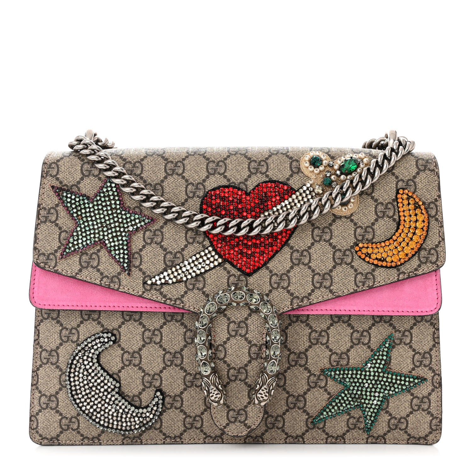 Gucci GG Supreme Monogram Suede Pierced Heart Embroidered Medium Dionysus Shoulder Bag Beige Ebony Pink Tropical Flower 1 of 14