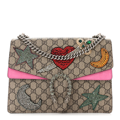 Gucci GG Supreme Monogram Suede Pierced Heart Embroidered Medium Dionysus Shoulder Bag Beige Ebony Pink Tropical Flower 1 of 14