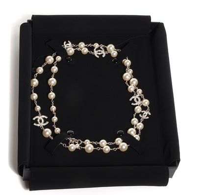 Chanel Crystal Pearl CC Long Necklace Silver 5 of 5