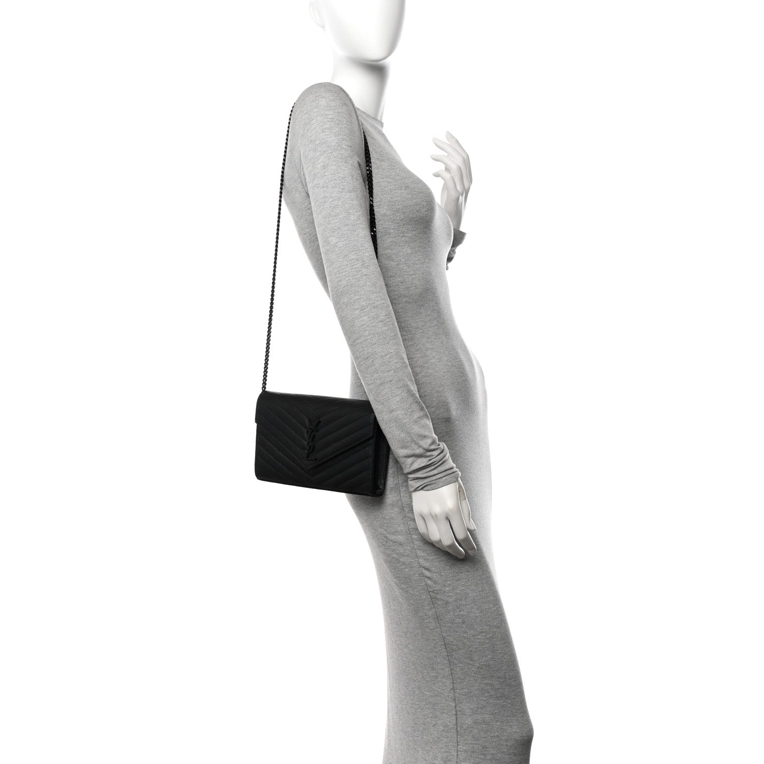 Saint Laurent Grain De Poudre Matelasse Chevron Monogram Monochrome Chain Wallet Black 3 of 10