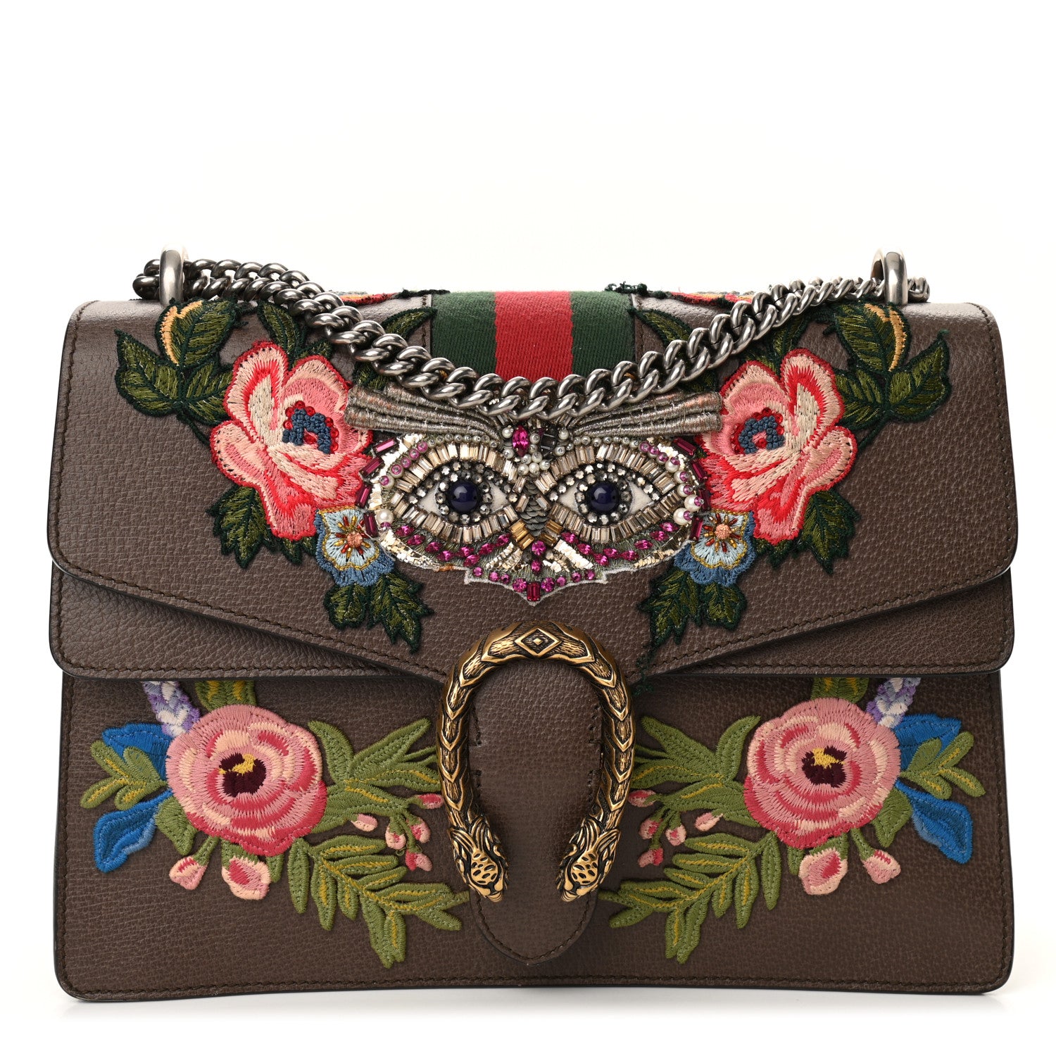 Gucci Calfskin Web Owl Embroidered Medium Dionysus Shoulder Bag New Acero Multicolor 1 of 12