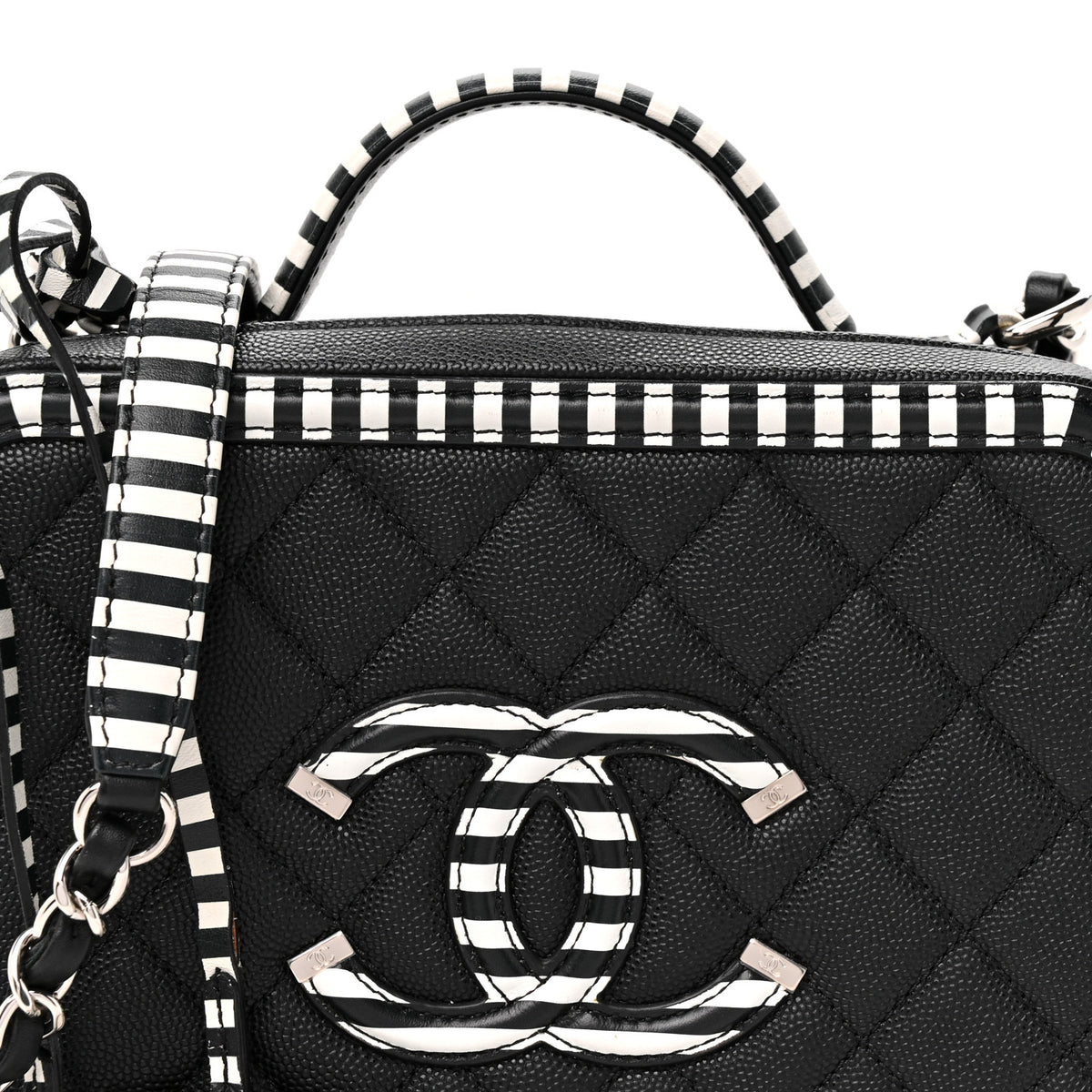 Chanel Caviar Quilted Striped Medium CC Filigree Vanity Case Black White 8 of 10