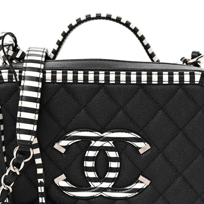 Chanel Caviar Quilted Striped Medium CC Filigree Vanity Case Black White 8 of 10