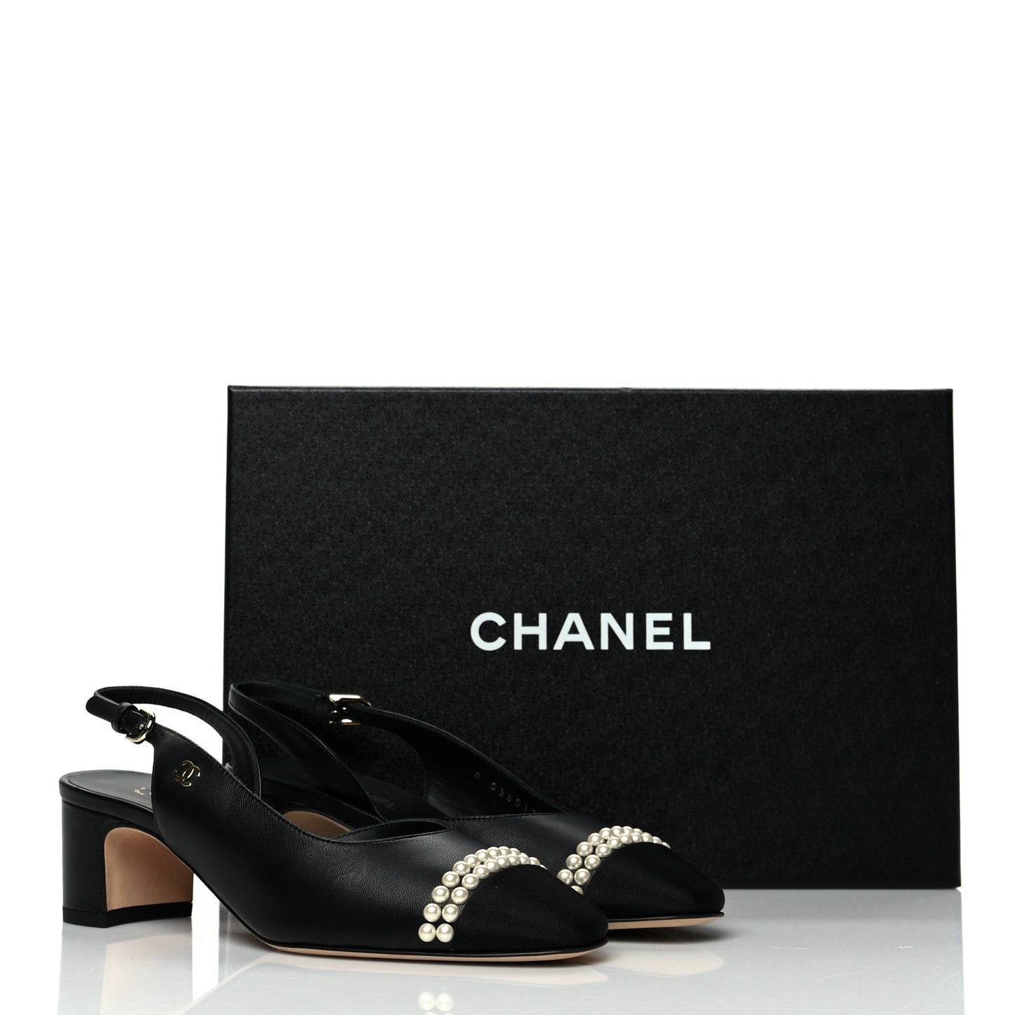 Lambskin Grosgrain Pearl Cap Toe CC Slingback Pumps 35.5 Black