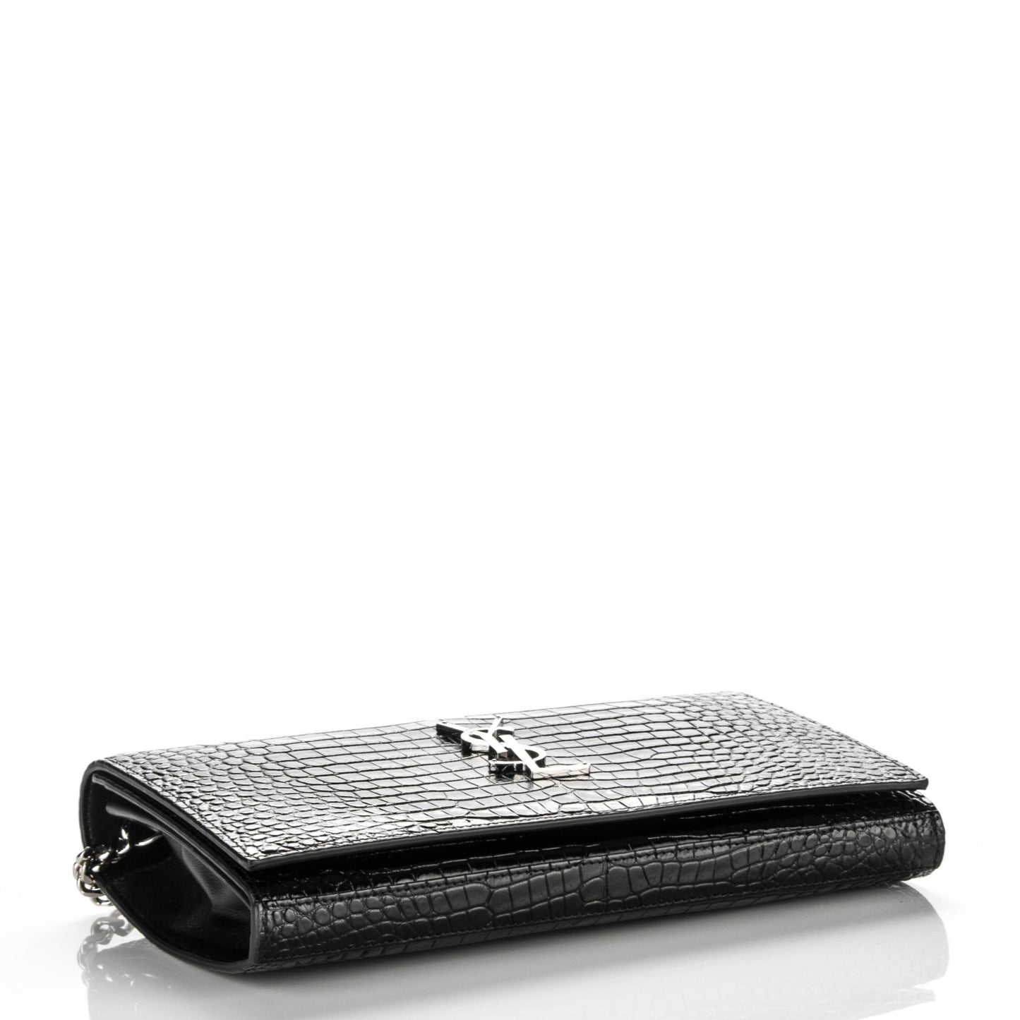 Calfskin Crocodile Embossed Monogram Chain Wallet Nero Black