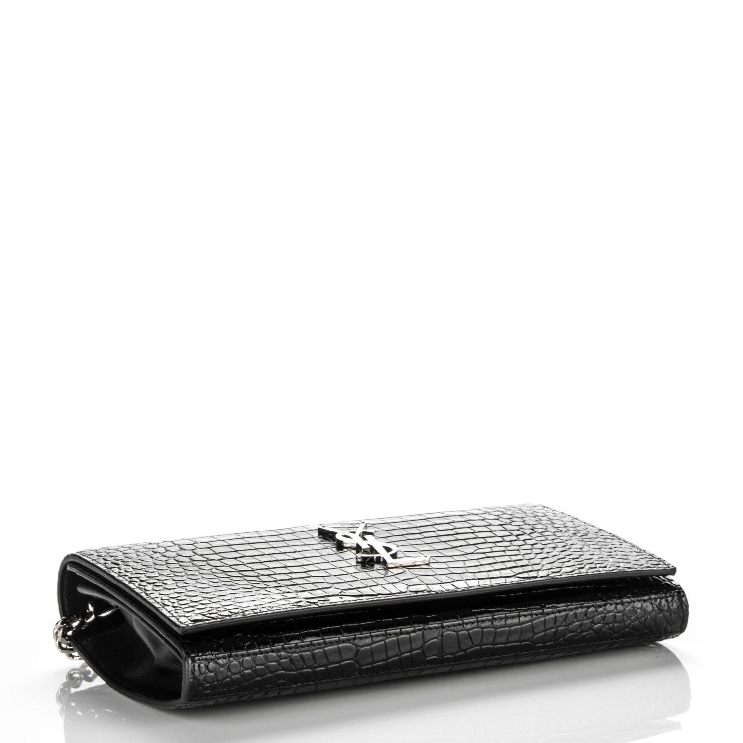 Saint Laurent Calfskin Crocodile Embossed Monogram Chain Wallet Nero Black 4 of 7