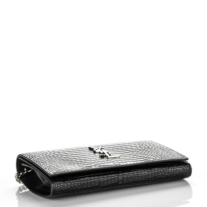 Saint Laurent Calfskin Crocodile Embossed Monogram Chain Wallet Nero Black 4 of 7
