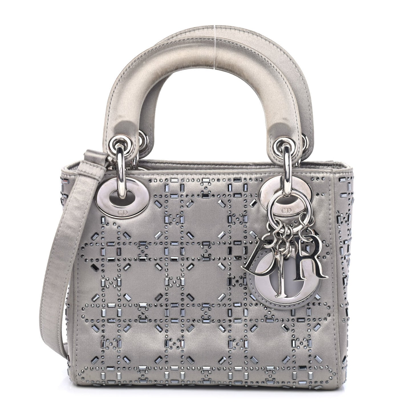 Satin Crystal Cannage Mini Lady Dior Gray