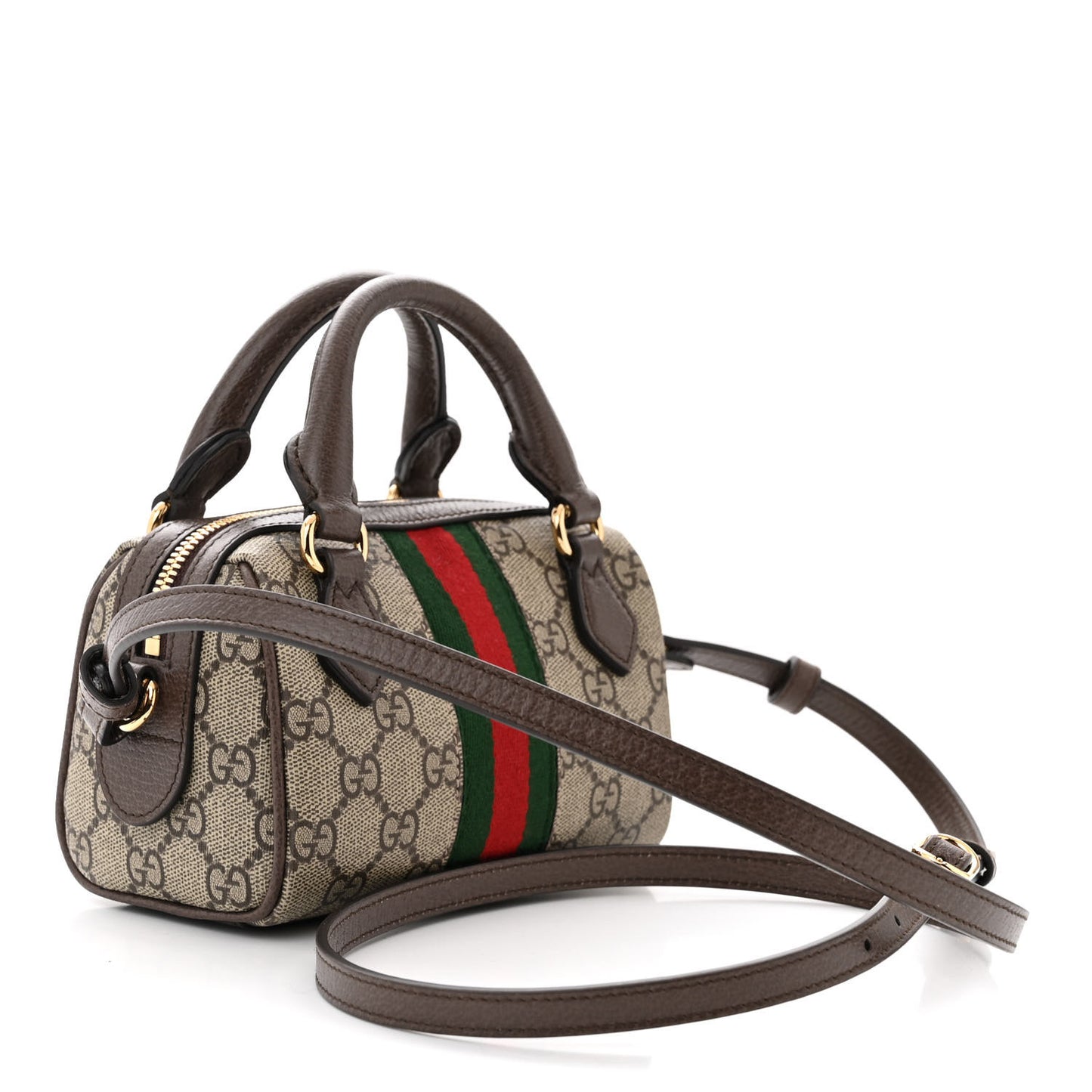 GG Supreme Monogram Textured Dollar Calfskin Web Super Mini Ophidia Top Handle Bowler Bag Beige Ebony New Acero