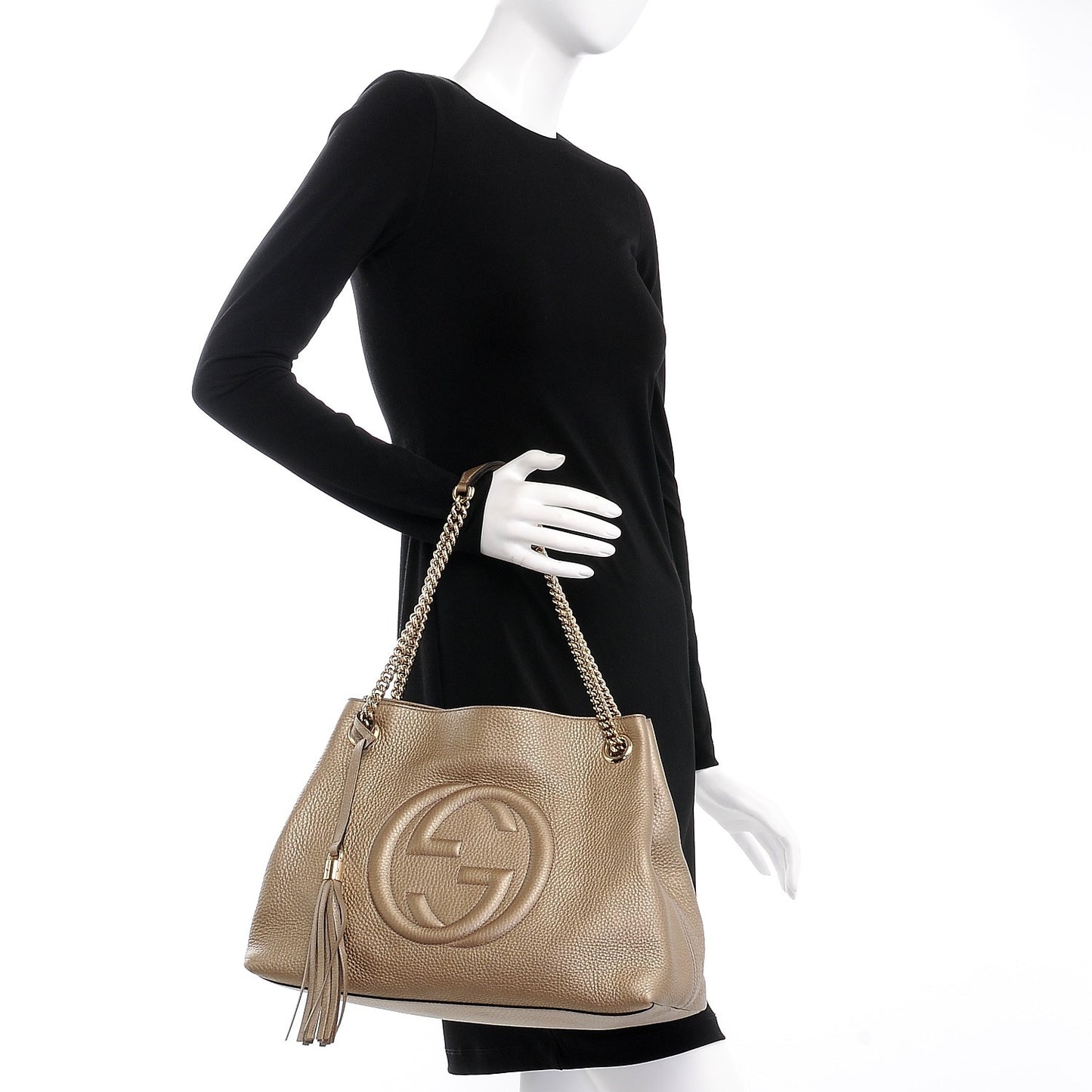 Metallic Pebbled Calfskin Medium Soho Chain Shoulder Bag Golden Beige