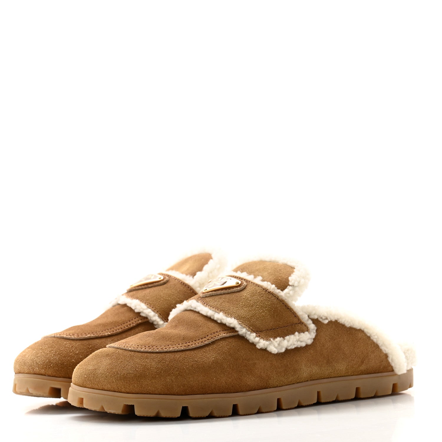 Prada Suede Shearling Metal Triangle Logo Lug Sole 20mm Mules 38 Beige 3 of 8