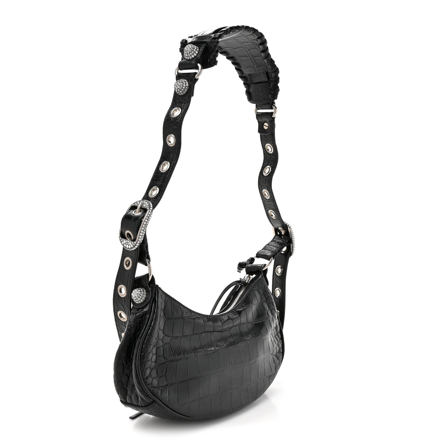 Balenciaga Extra Supple Calfskin Crystal Crocodile Embossed Le Cagole Shoulder Bag XS Black 4 of 11