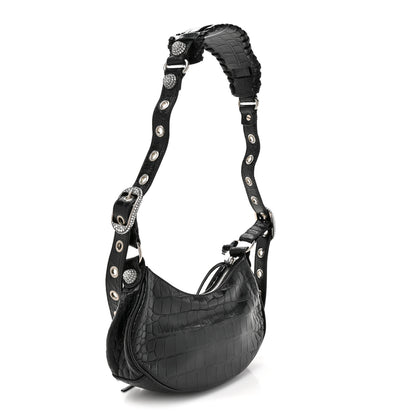 Balenciaga Extra Supple Calfskin Crystal Crocodile Embossed Le Cagole Shoulder Bag XS Black 4 of 11
