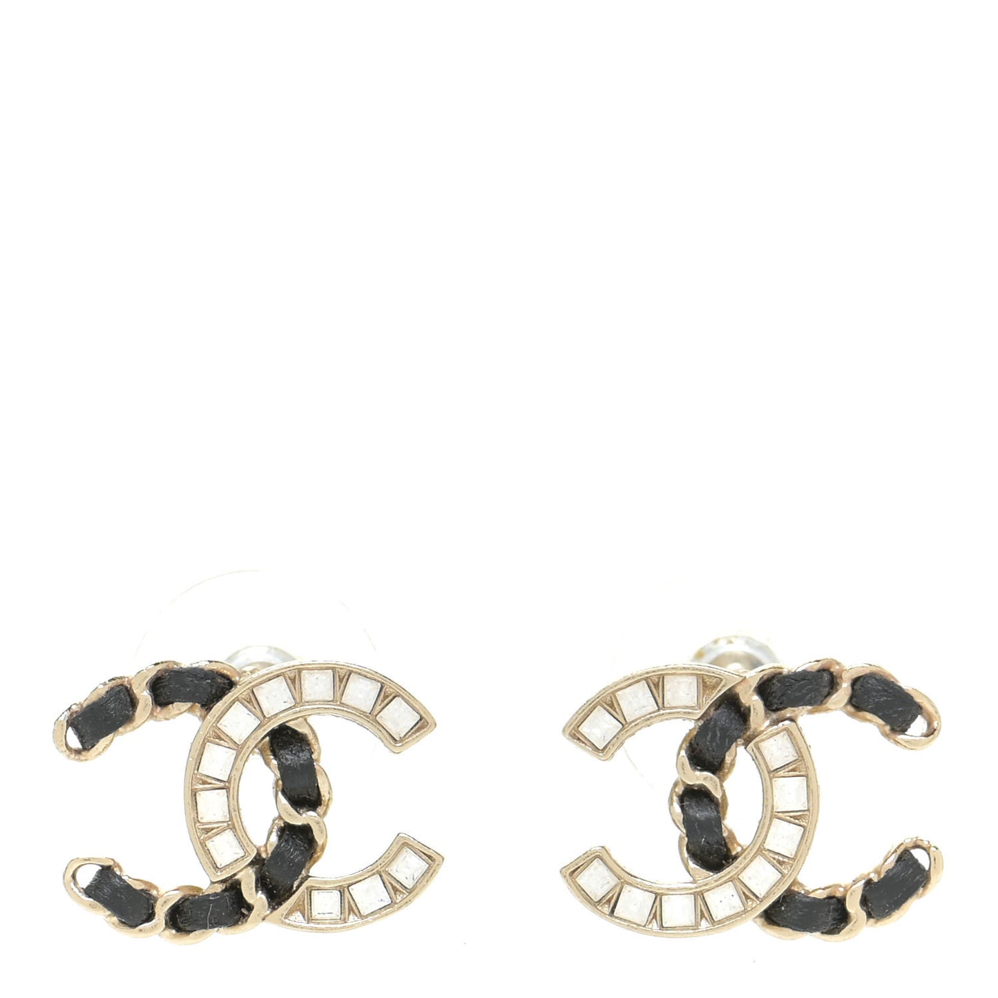 Crystal Baguette Lambskin Chain CC Vintage Allure Stud Earrings Black Gold
