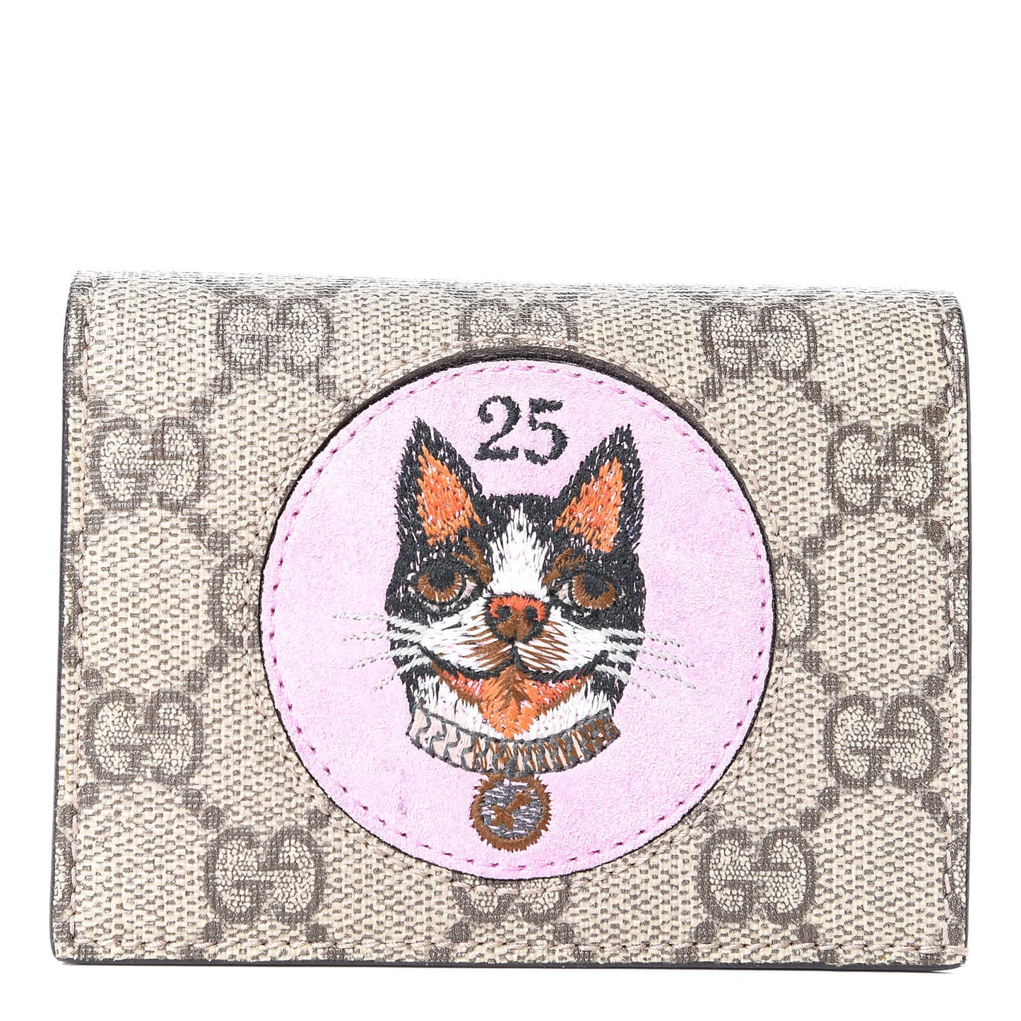 GG Supreme Monogram Bosco Patch Card Case Wallet Beige Malva Hibiscus Red
