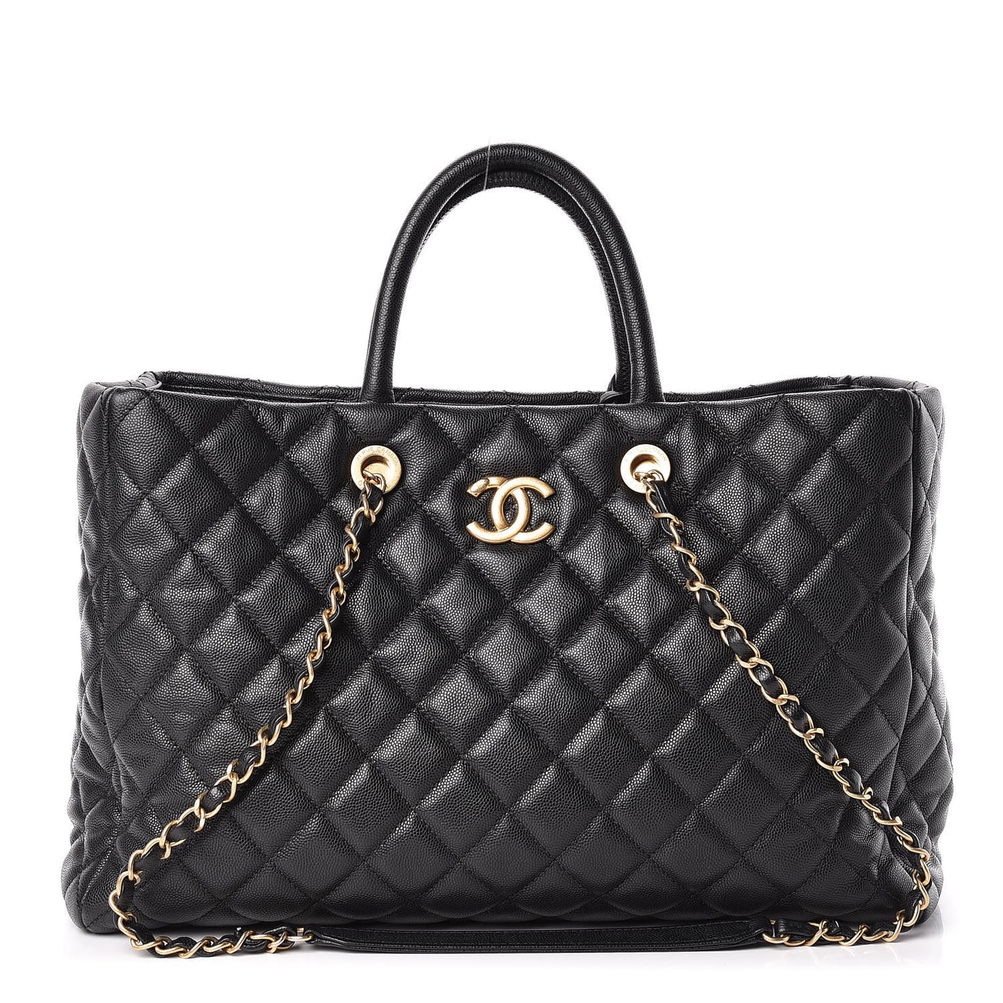 Caviar Quilted Large Coco Handle Shopping Tote Black
