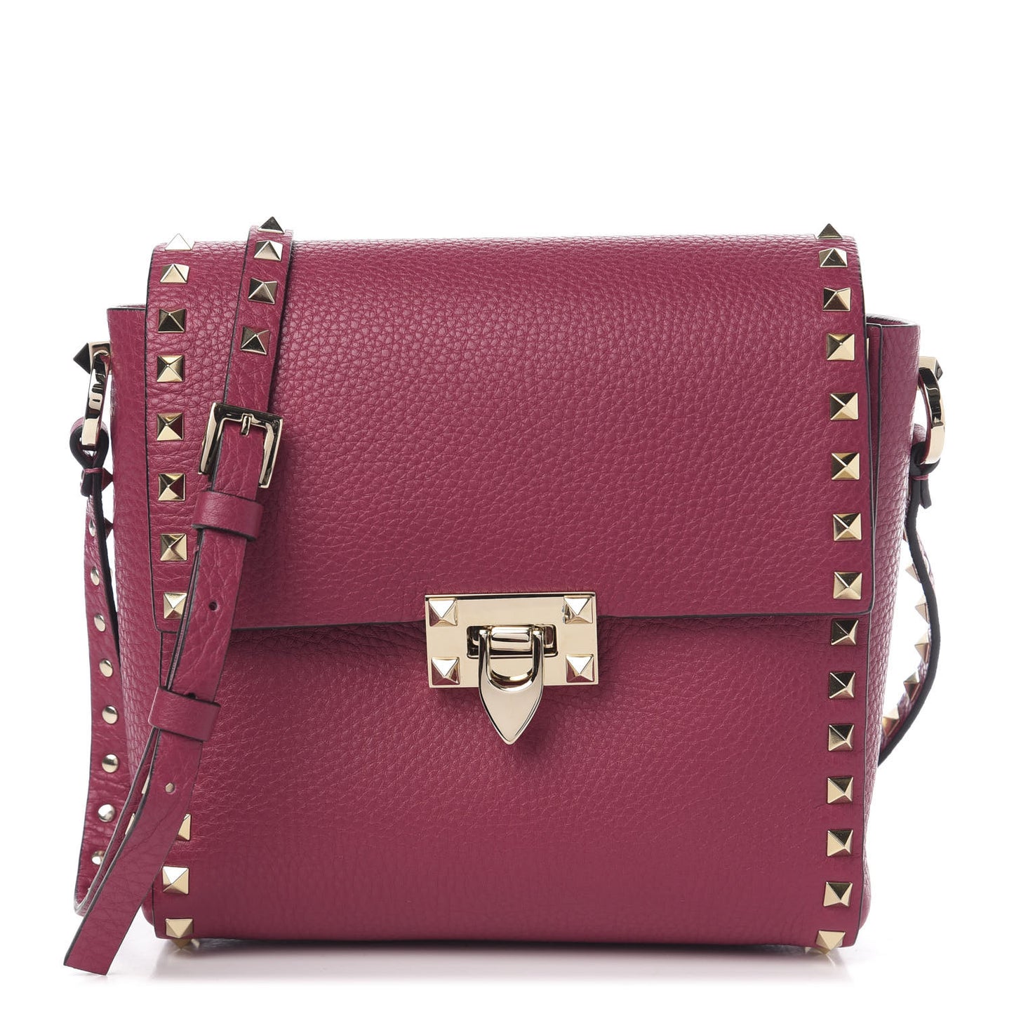 Pebbled Calfskin Rockstud Flip Lock Flap Messenger Raspberry