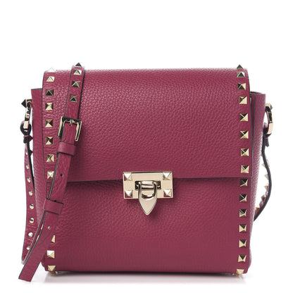 Valentino Garavani Pebbled Calfskin Rockstud Flip Lock Flap Messenger Raspberry 1 of 8