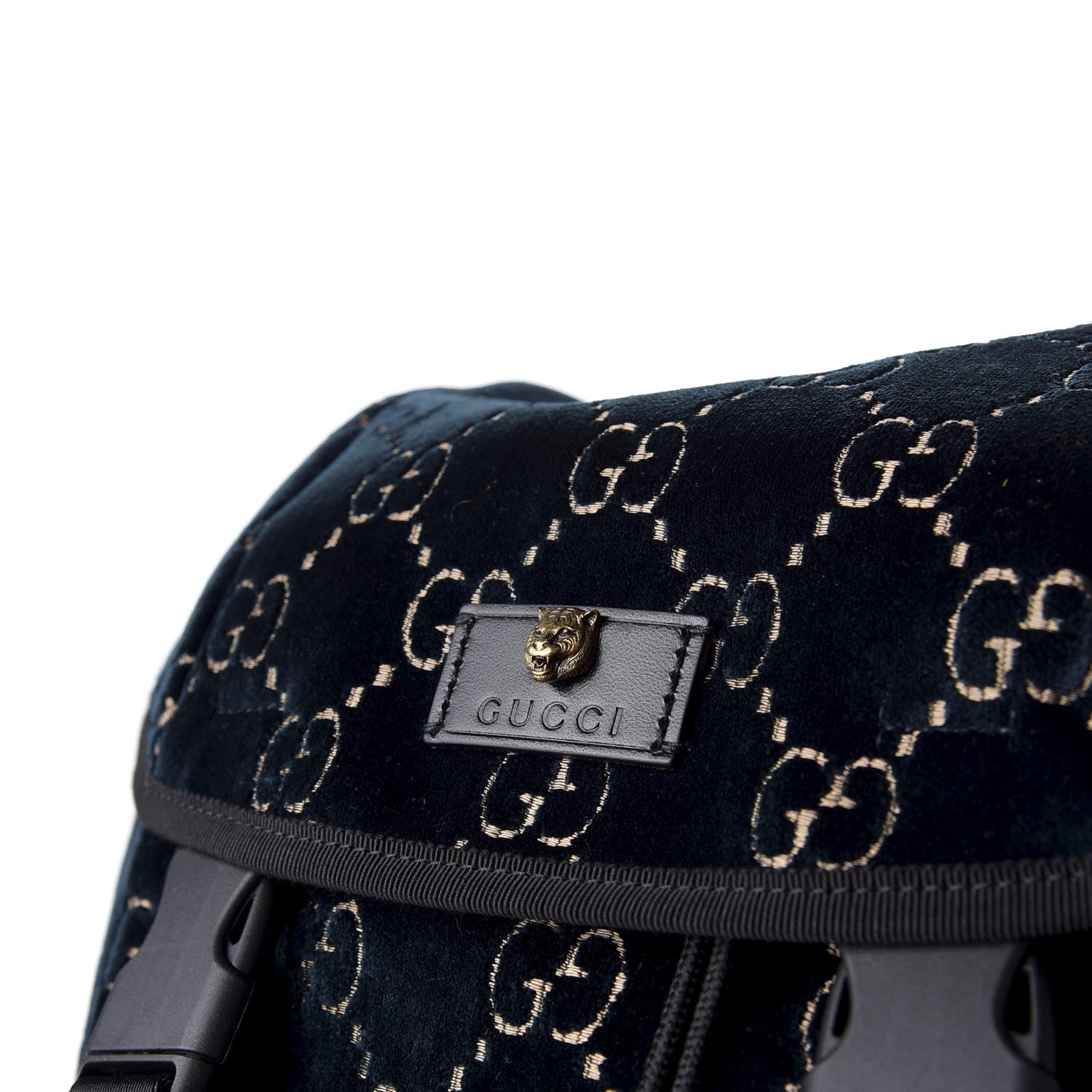 Gucci Velvet GG Monogram Web Medium Double Buckle Backpack Blue Beige Black 9 of 9