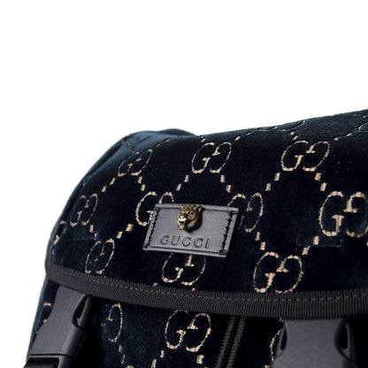 Gucci Velvet GG Monogram Web Medium Double Buckle Backpack Blue Beige Black 9 of 9