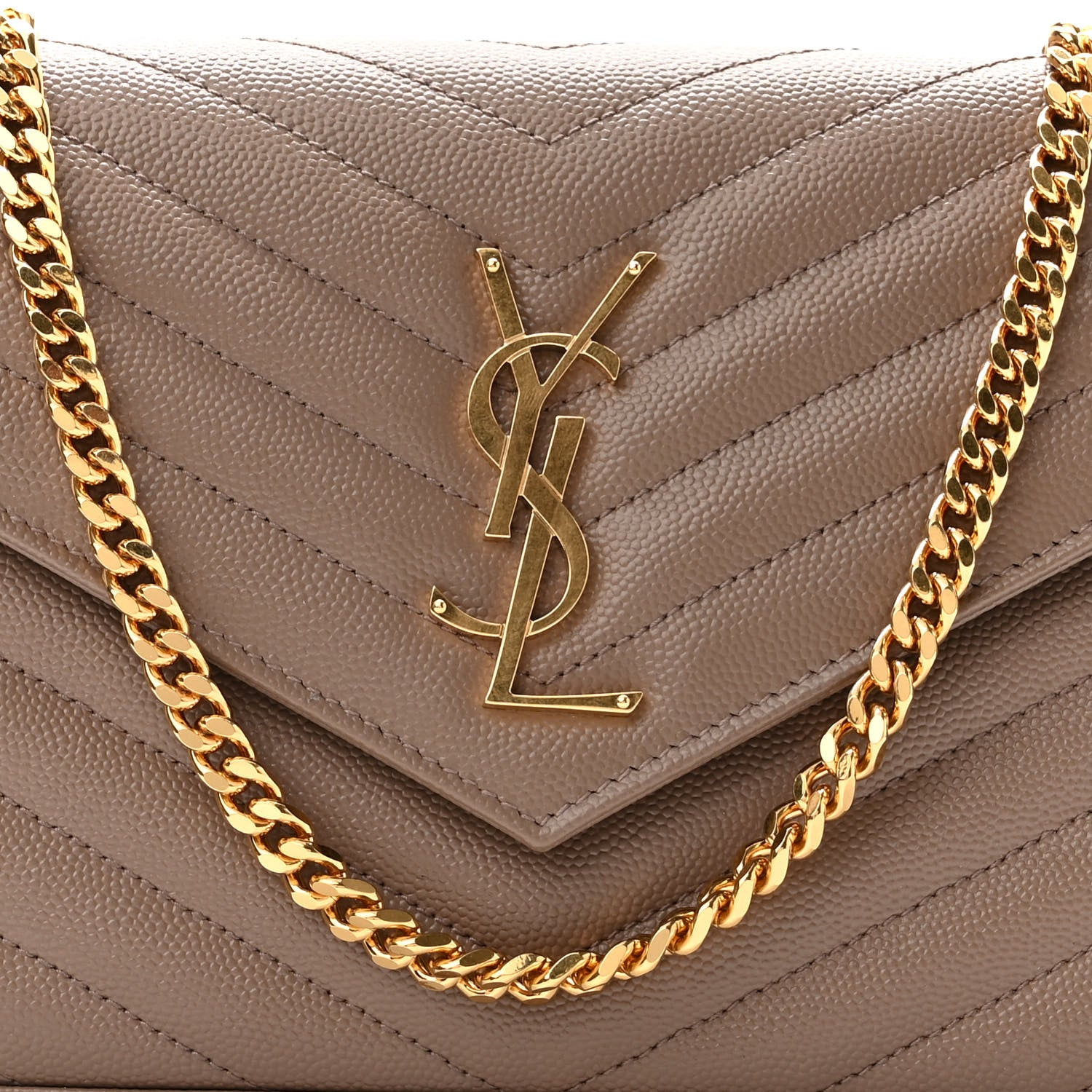 Saint Laurent Grain De Poudre Matelasse Chevron Monogram Chain Wallet Taupe 7 of 9