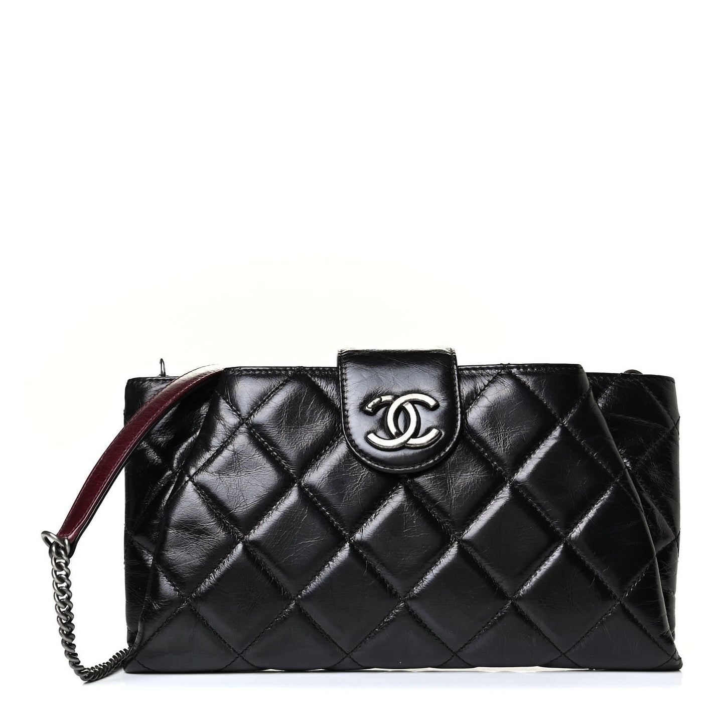 Glazed Calfskin Quilted Coco Pleats Chain Clutch Black