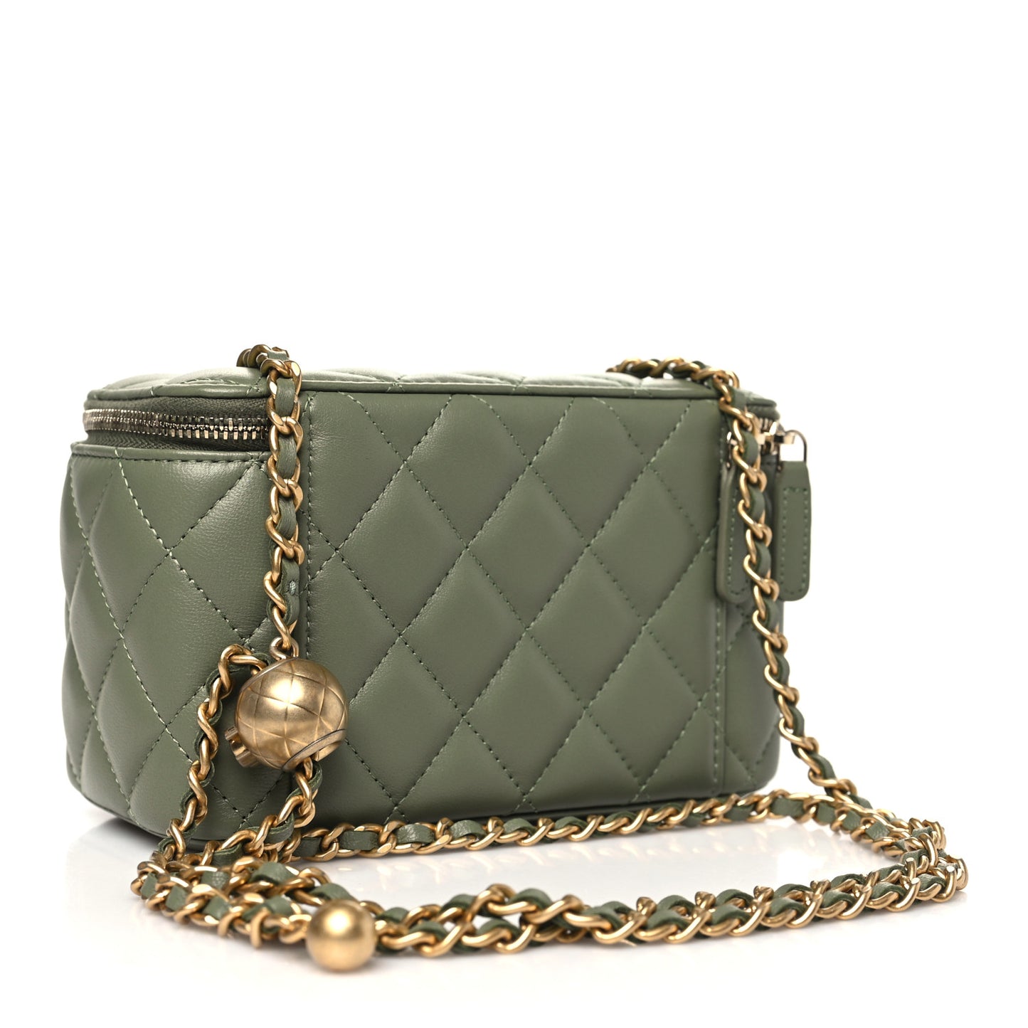 Lambskin Quilted Small Pearl Crush Vanity Case With Chain  Green