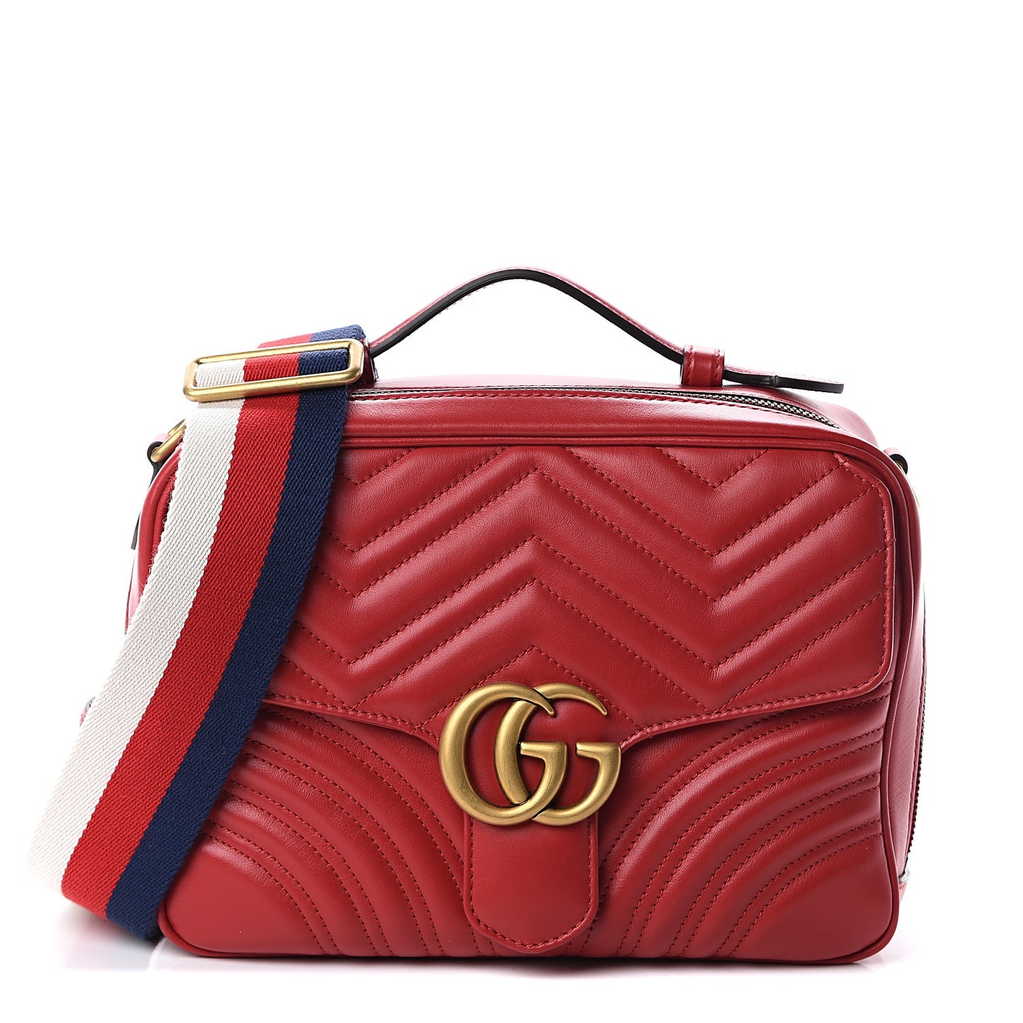 Calfskin Matelasse Sylvie Web Small GG Marmont Top Handle Shoulder Bag Hibiscus Red