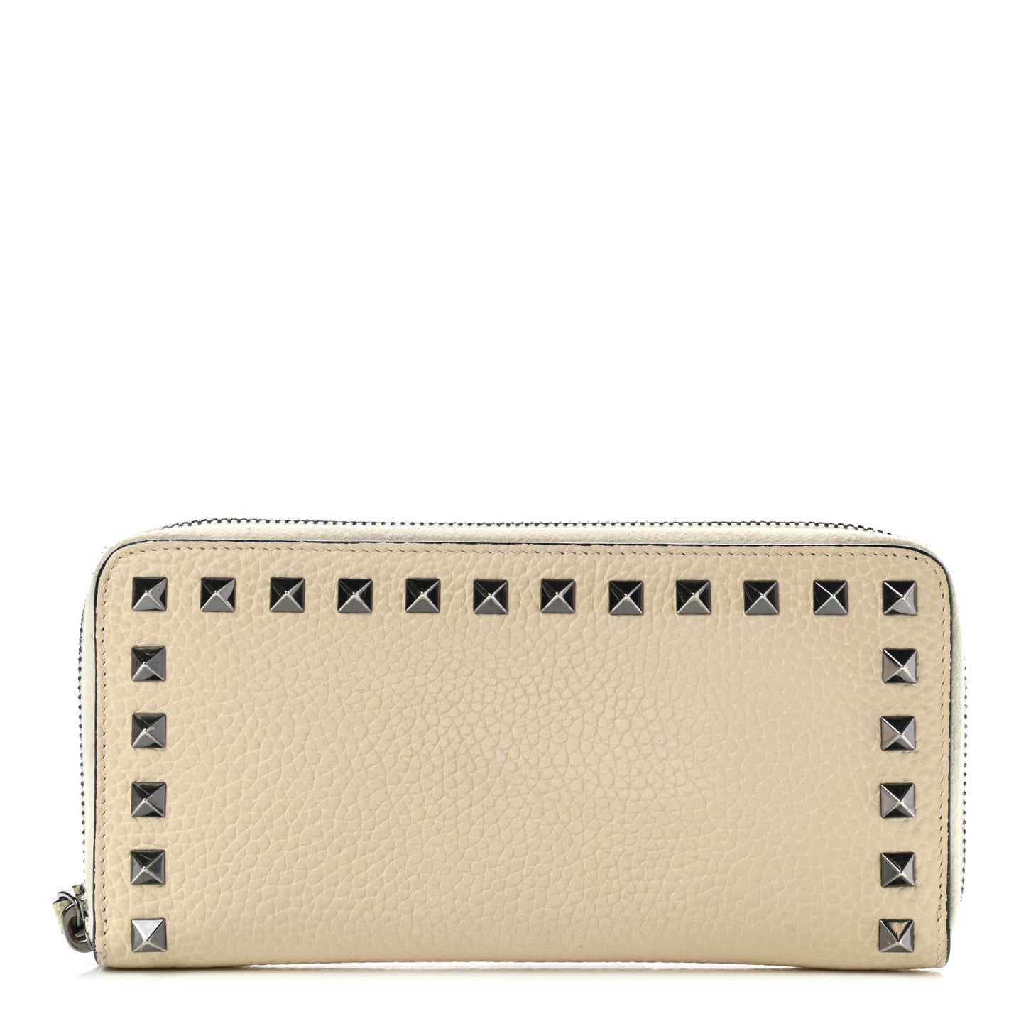 Pebbled Calfskin Rockstud Zip Around Wallet Ivory