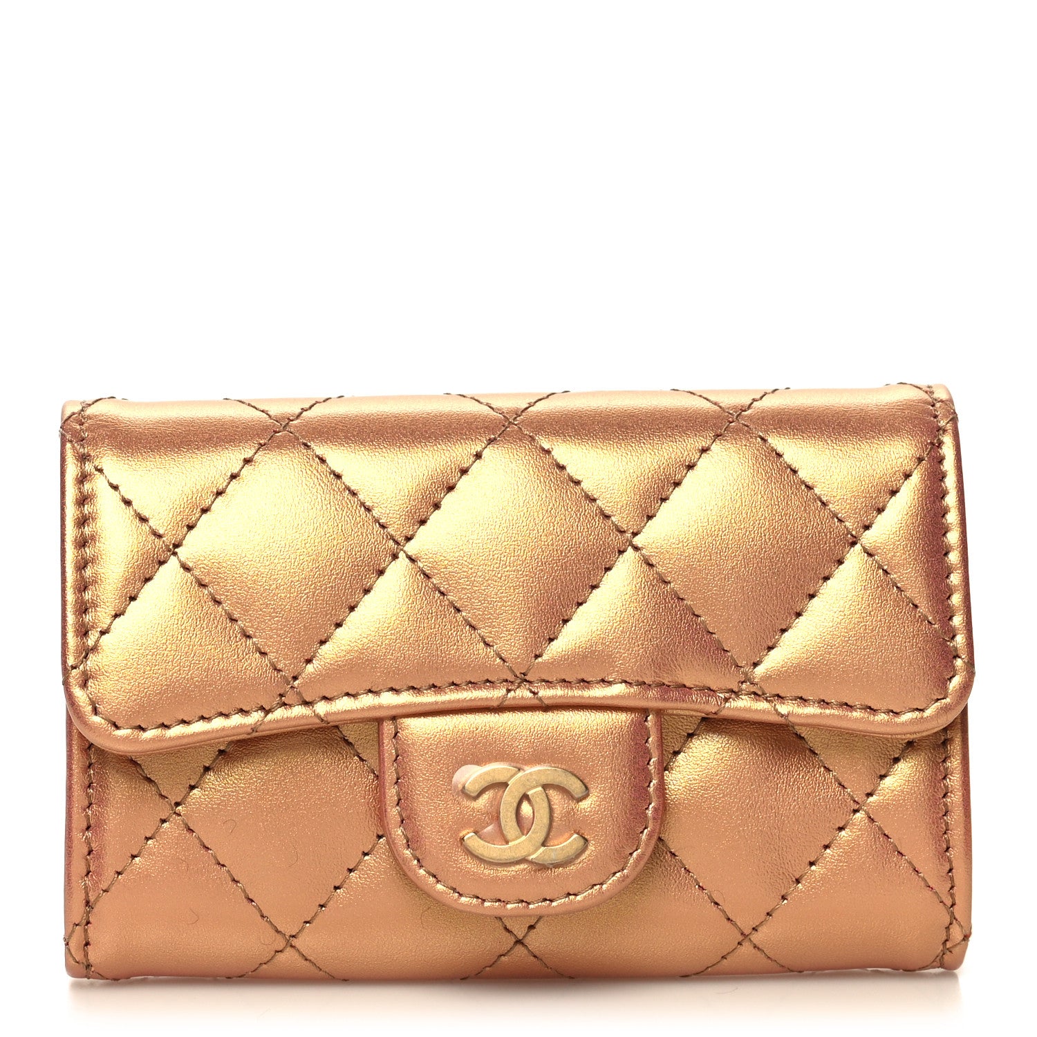 Chanel Metallic Lambskin Quilted Flap Card Holder Wallet Golden 1 of 10