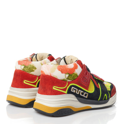 Gucci Suede Calfskin Womens Ultrapace Mid Top Sneakers 34 Hibiscus Red Black Neon Yellow Yolk 4 of 8