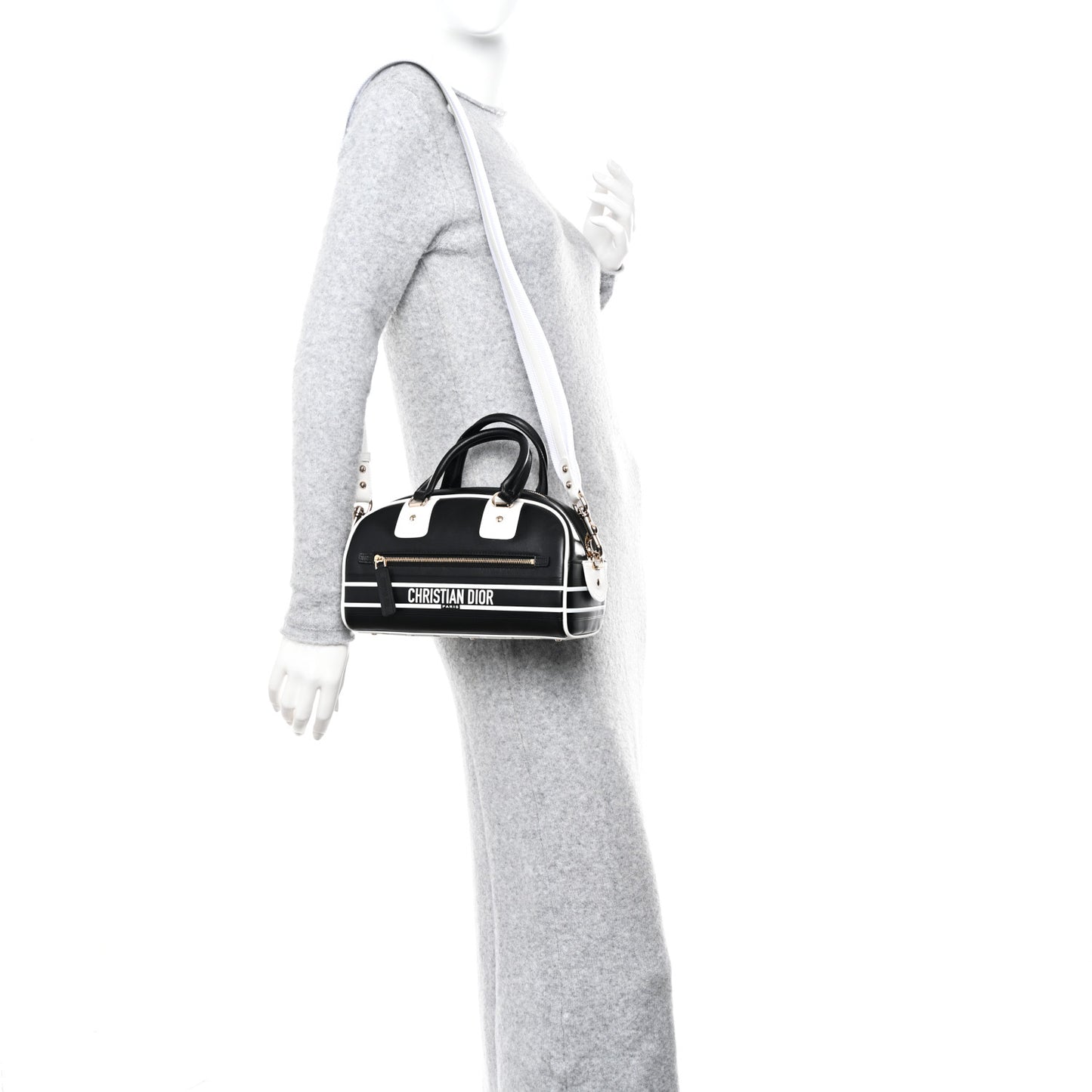 Calfskin Small Dior Vibe Zip Bowling Bag Black White