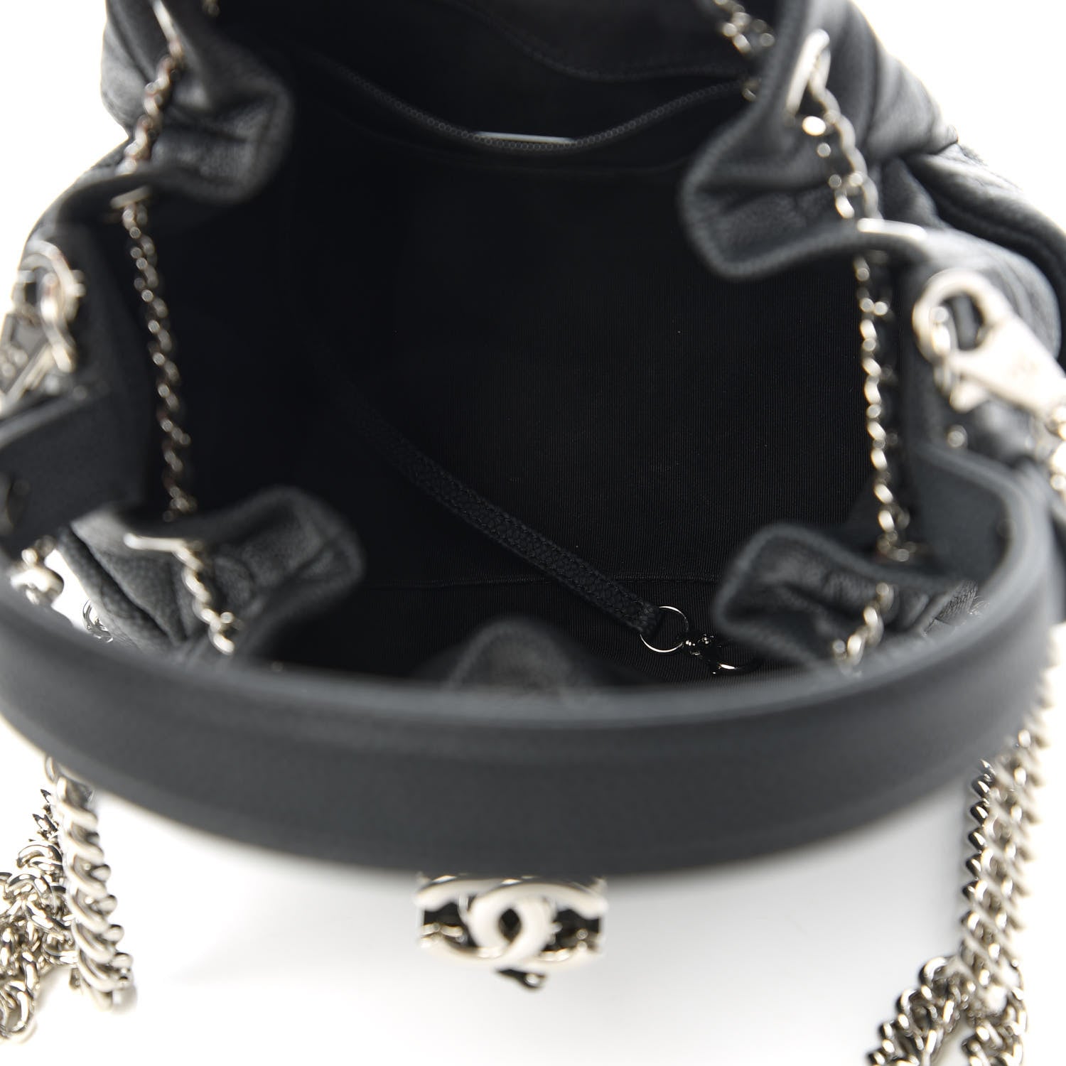 Chanel Caviar Flat Quilted CC Chain Bucket Drawstring Bag Black 5 of 11
