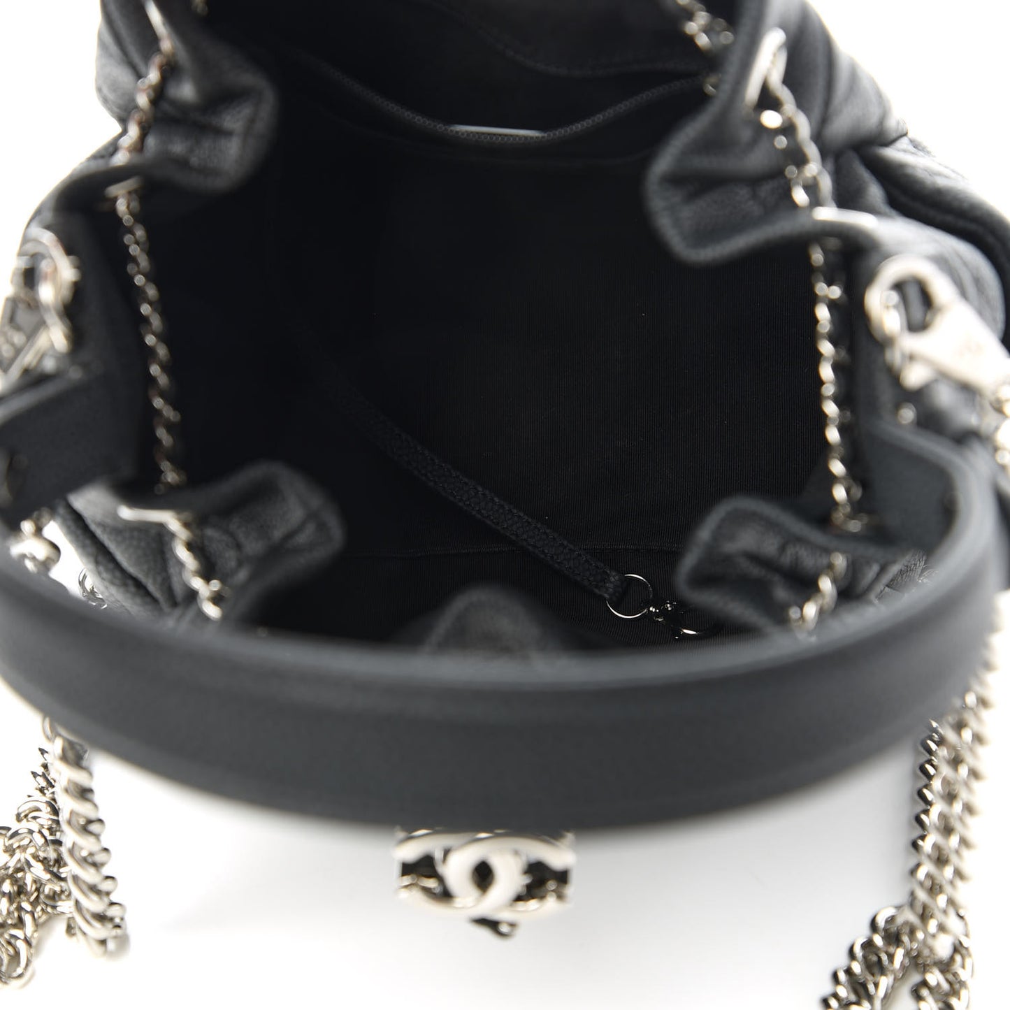 Caviar Flat Quilted CC Chain Bucket Drawstring Bag Black