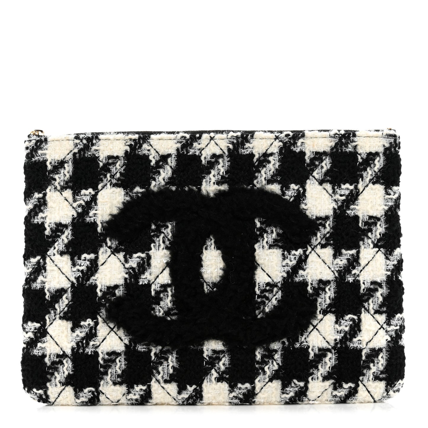 Tweed Shearling Quilted Chanel Cosmetic Pouch White Black