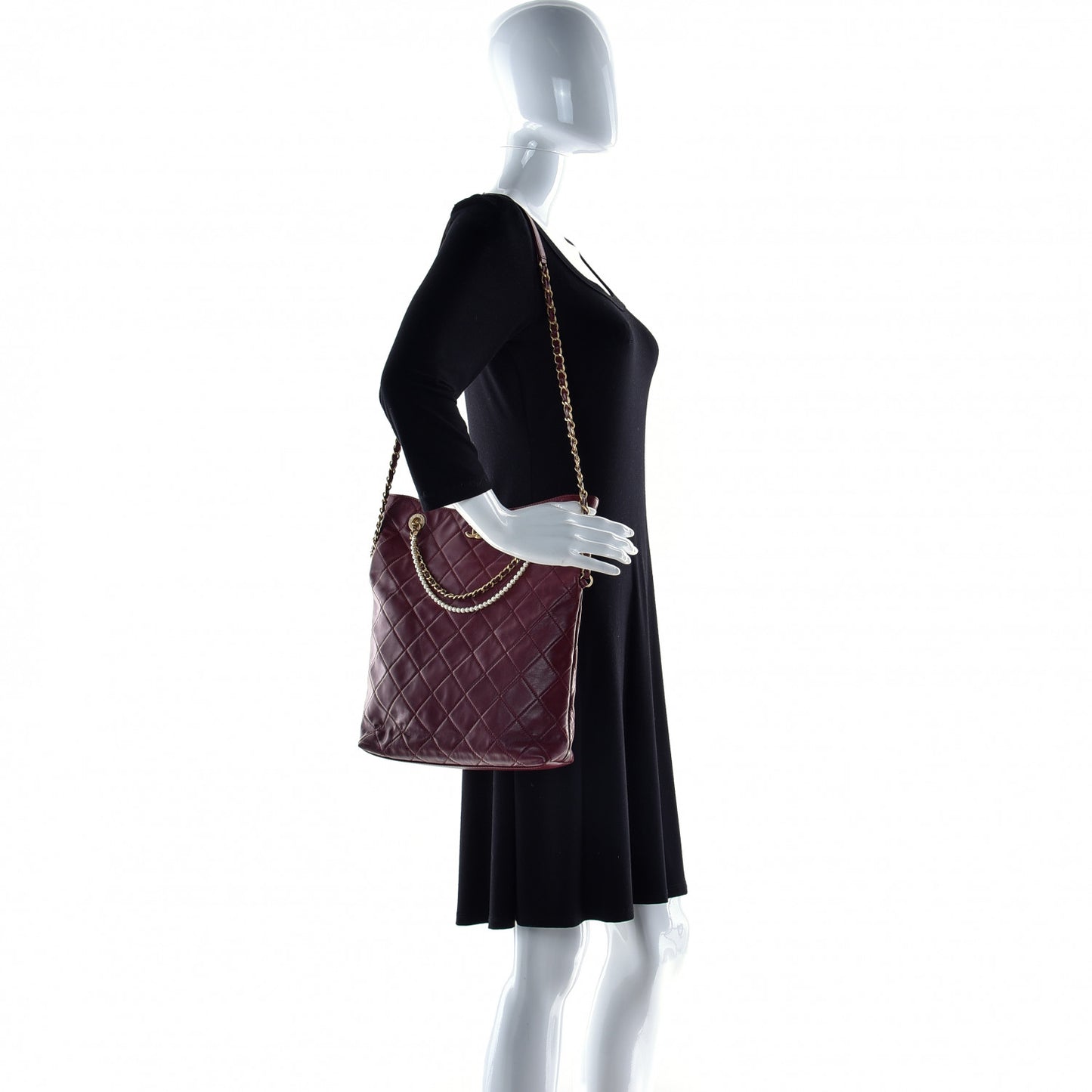 Calfskin Quilted Crystal Pearls Fold Over Shopping Tote Burgundy