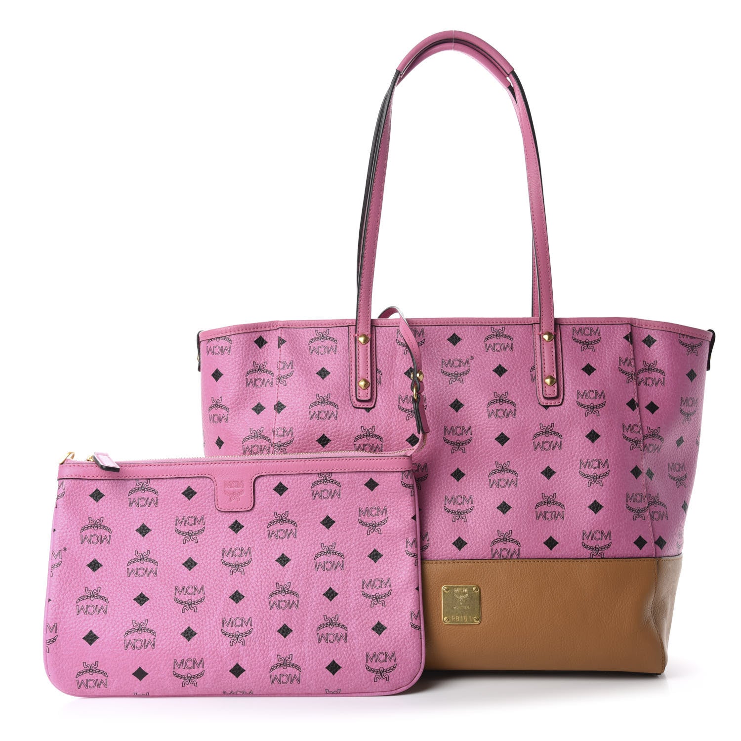 MCM Visetos Calfskin Medium Anya Shopper Tote Pink Cognac 1 of 11
