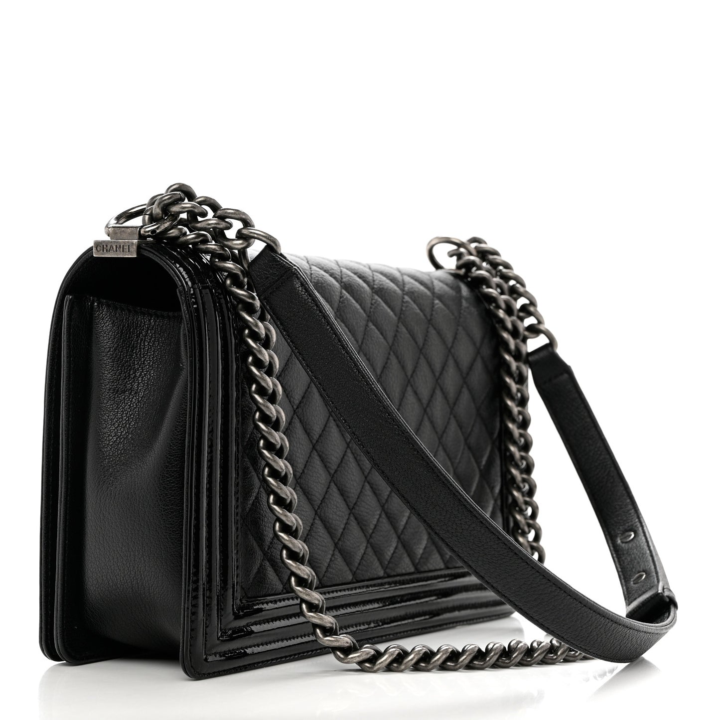 Goatskin Quilted Patent New Medium Duo Boy Flap Black