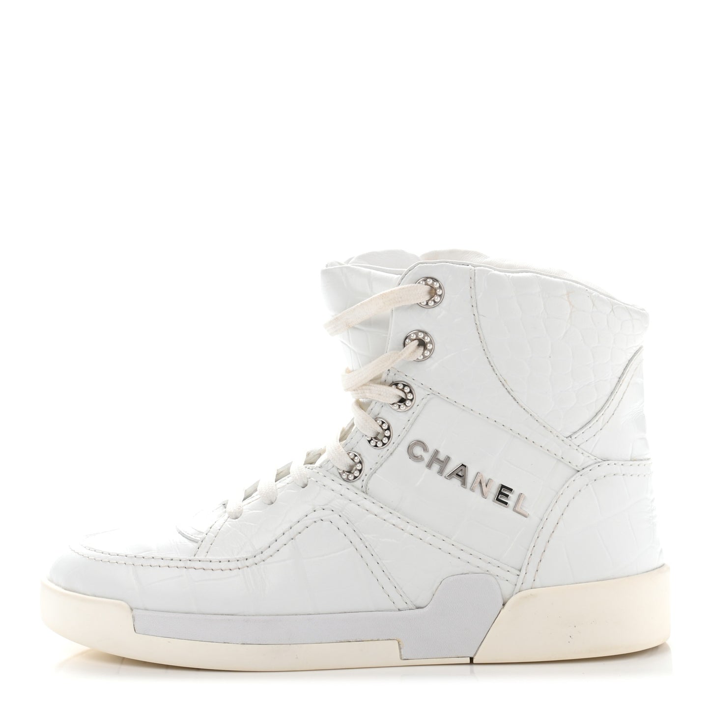 Calfskin Crocodile Embossed Cocodile High Top Sneakers 38 White
