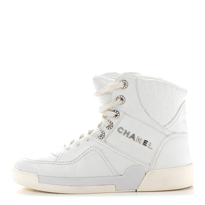 Chanel Calfskin Crocodile Embossed Cocodile High Top Sneakers 38 White 1 of 15