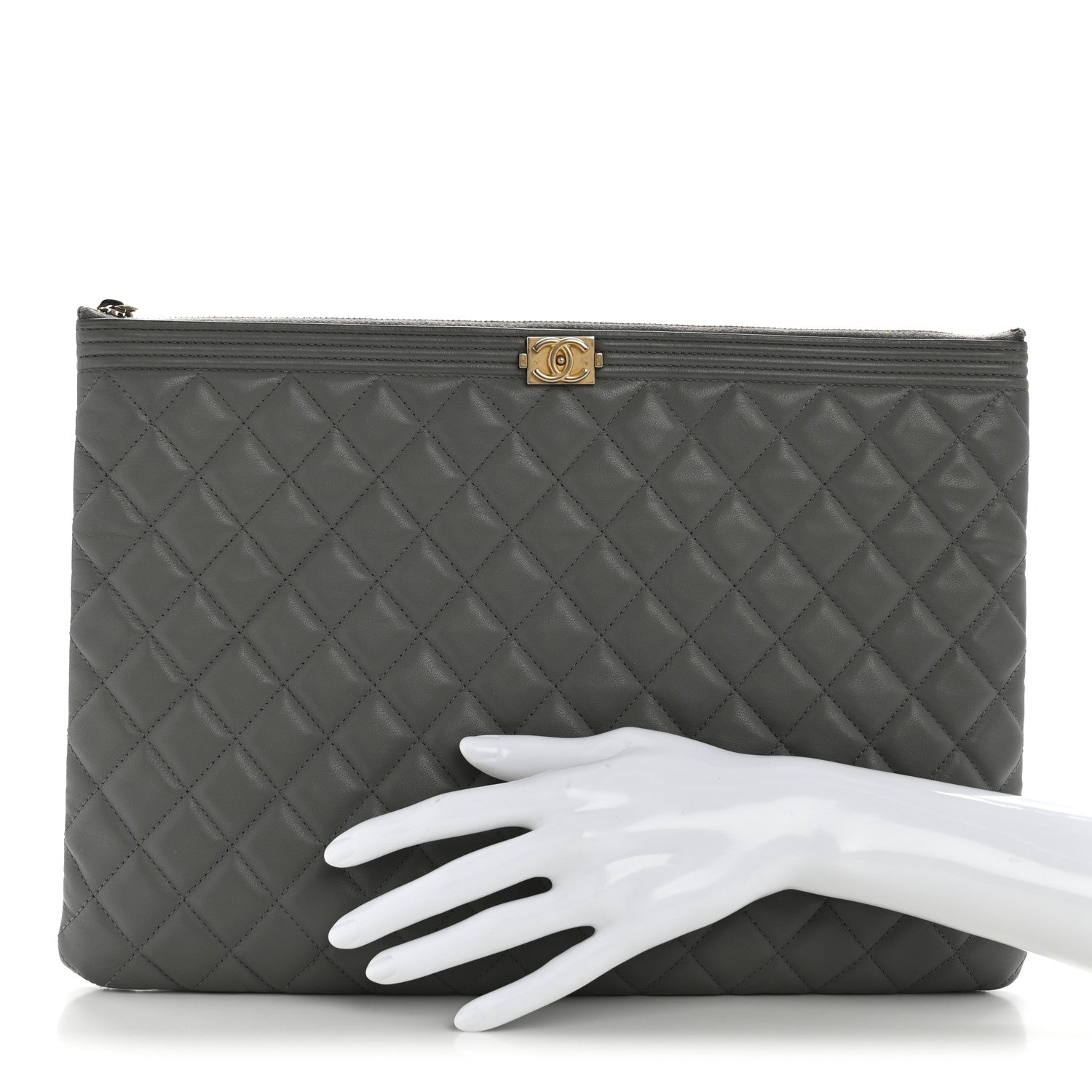 Chanel Lambskin Quilted Large Boy Zip Pouch Grey 2 of 10