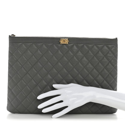 Chanel Lambskin Quilted Large Boy Zip Pouch Grey 2 of 10