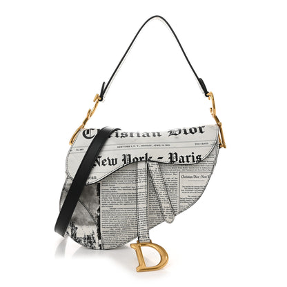 Christian Dior Calfskin Newspaper Printed Saddle Bag With Strap Black White 1 of 10