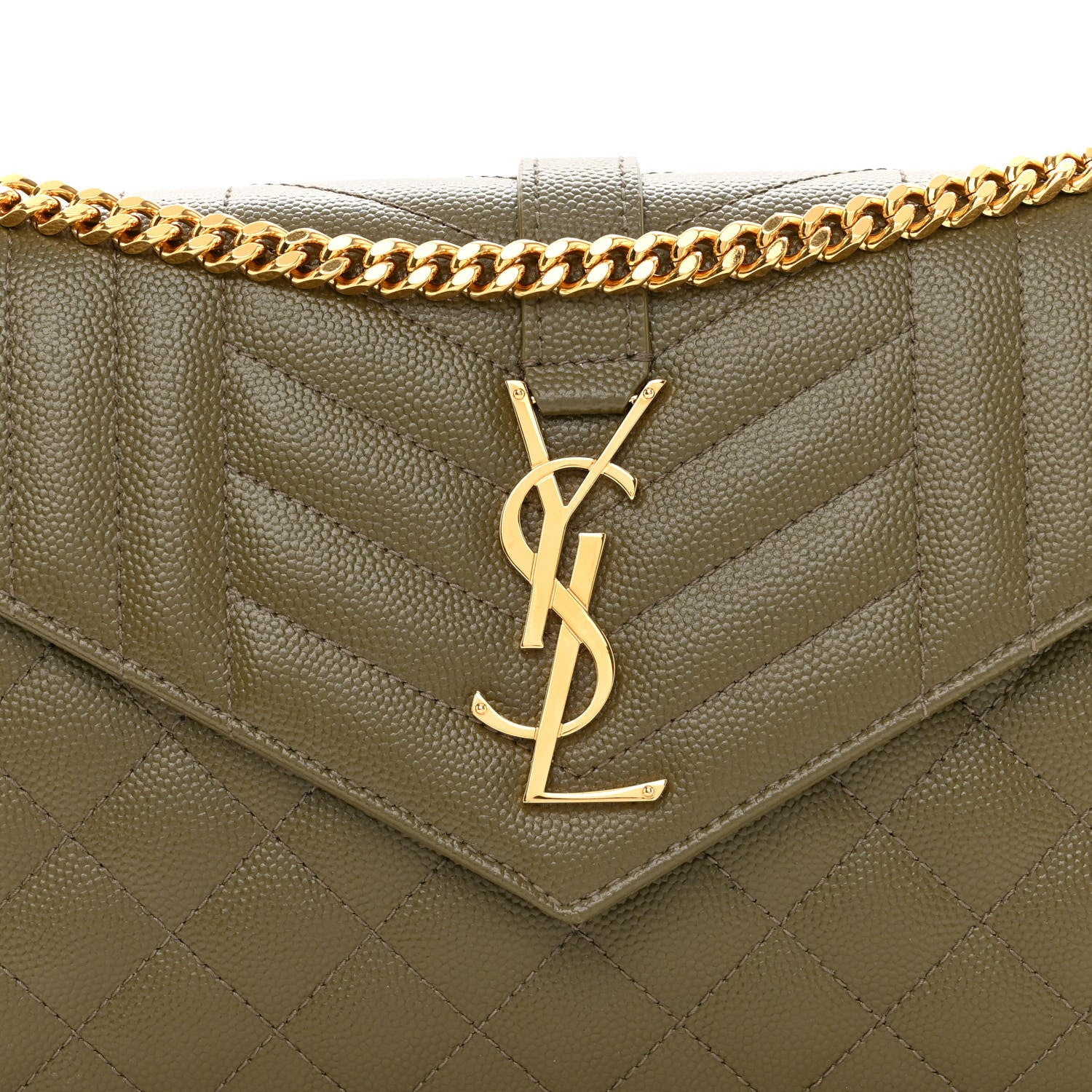 Saint Laurent Grain De Poudre Mixed Matelasse Triquilt Monogram Chain Wallet Kaki 7 of 9