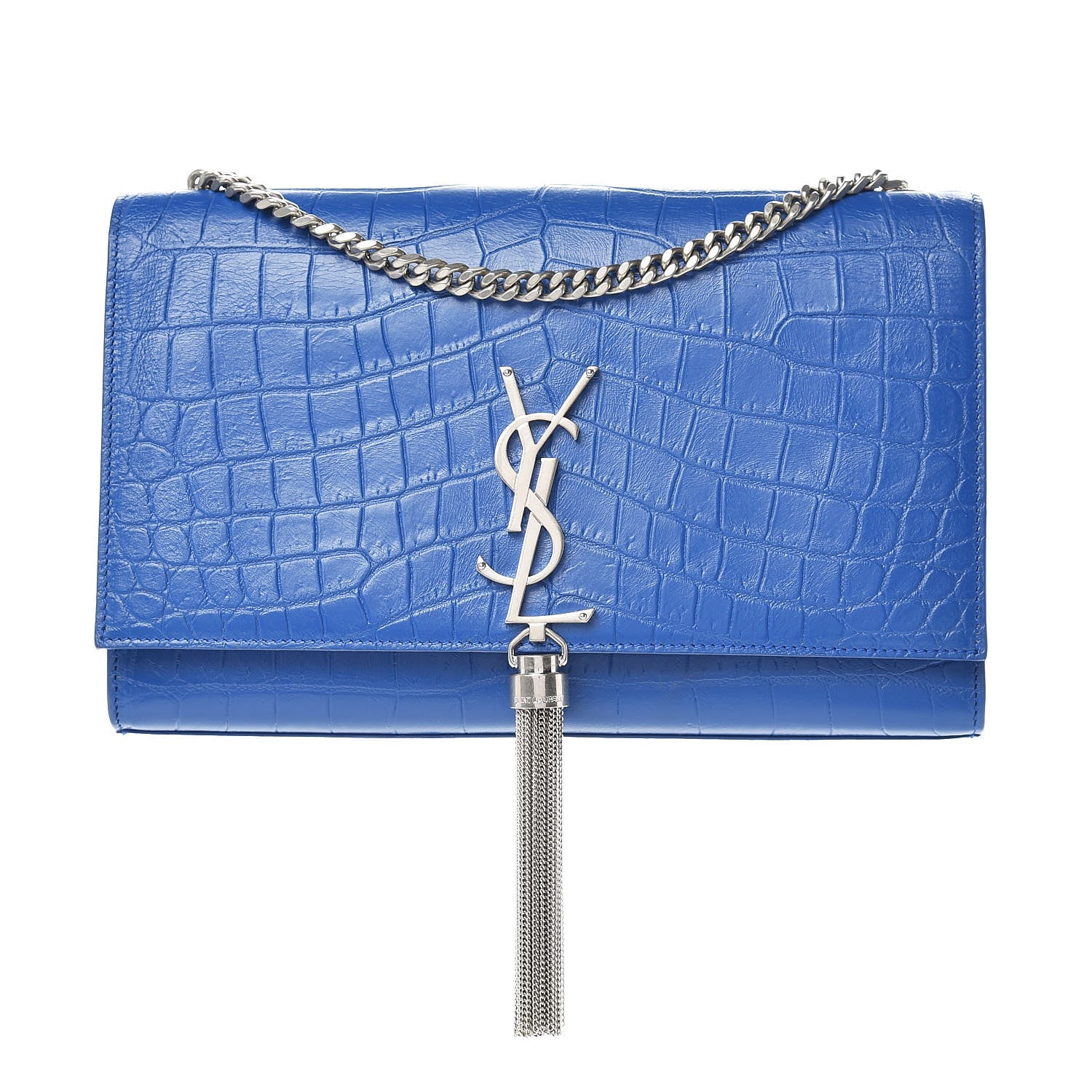 Saint Laurent Calfskin Crocodile Embossed Medium Classic Monogram Kate Tassel Satchel Bleu Majorelle 1 of 9