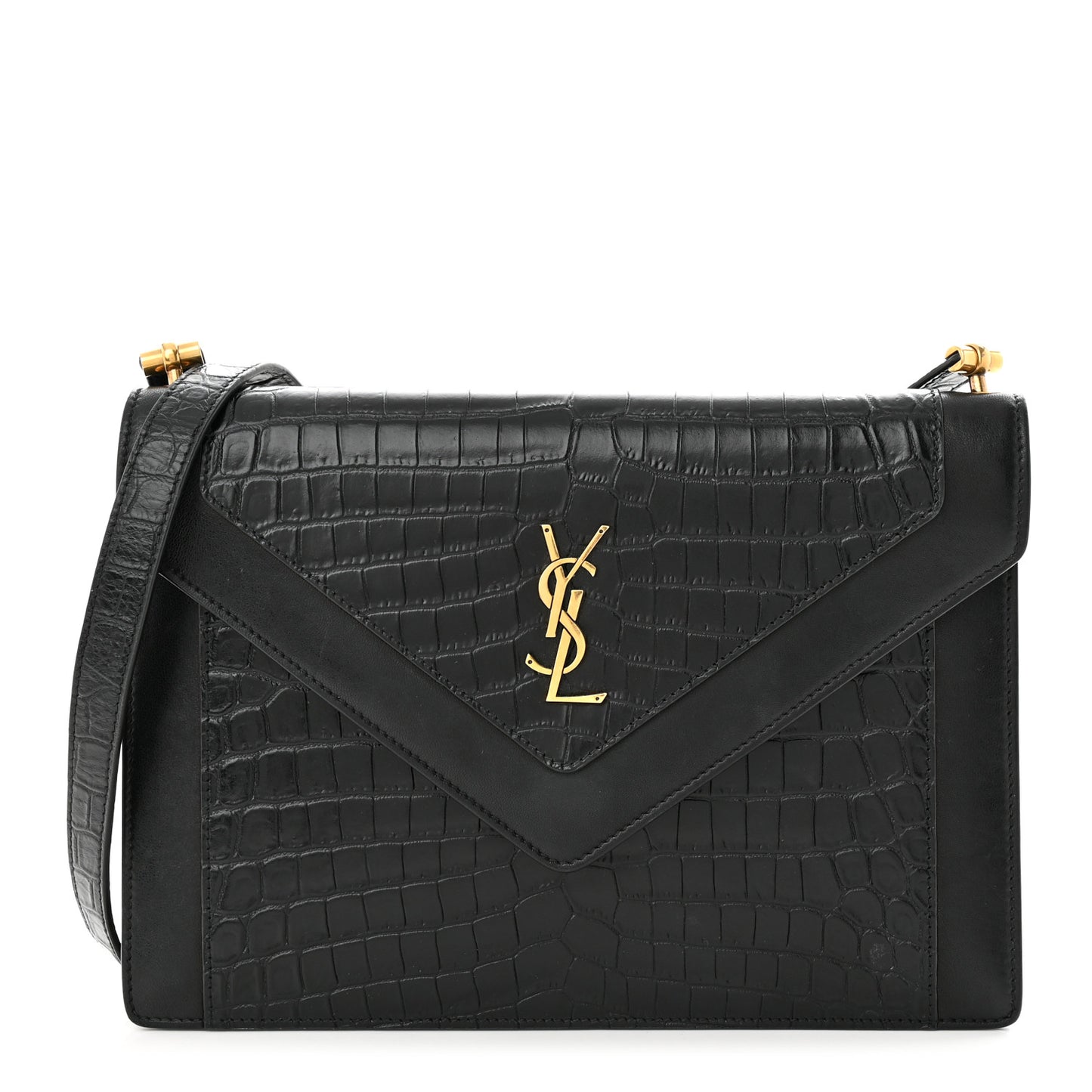 Calfskin Crocodile Embossed Gaby Satchel Black